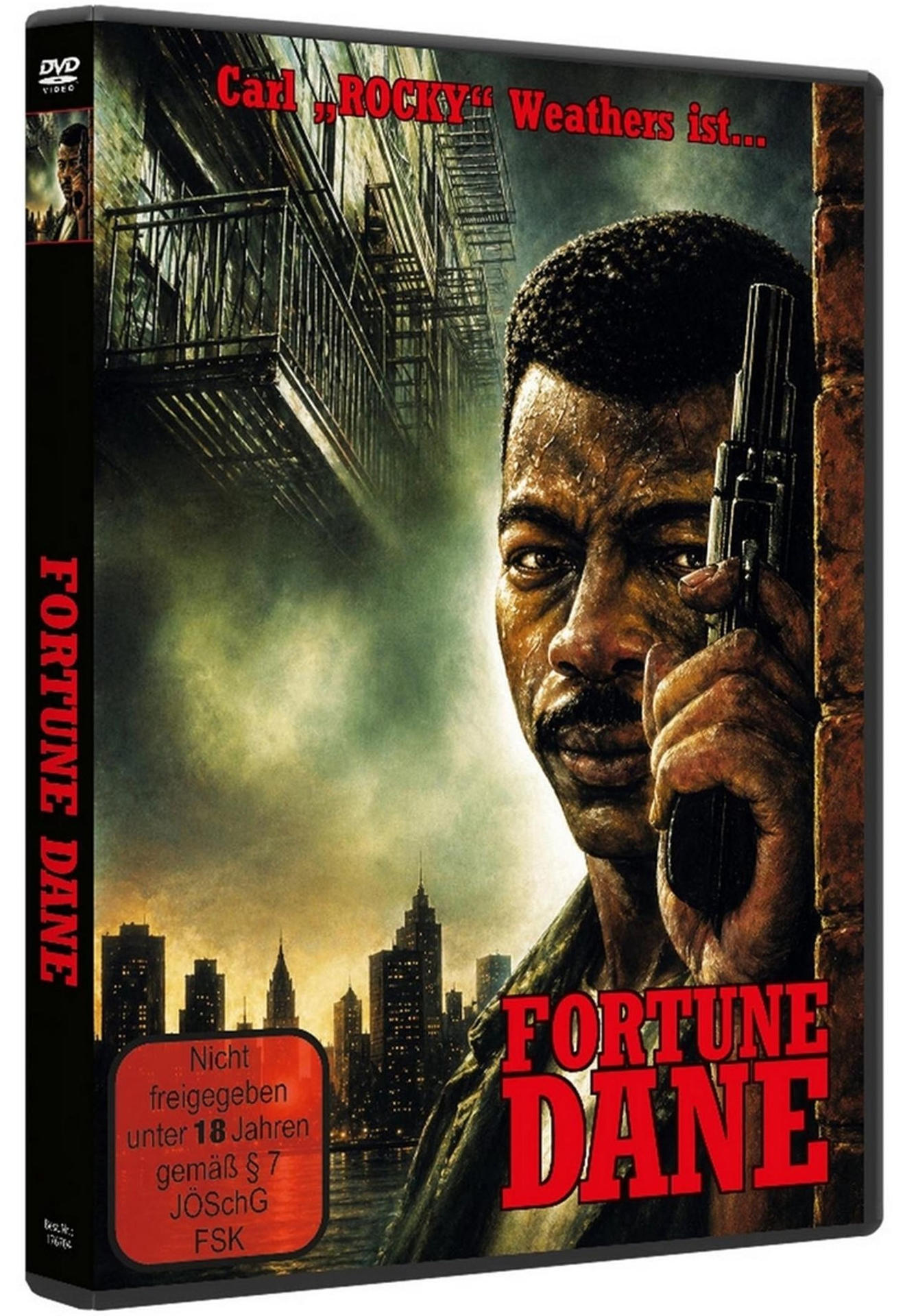 DVD-Hülle mit Mann, der eine Waffe hält, vor einem Stadthintergrund.