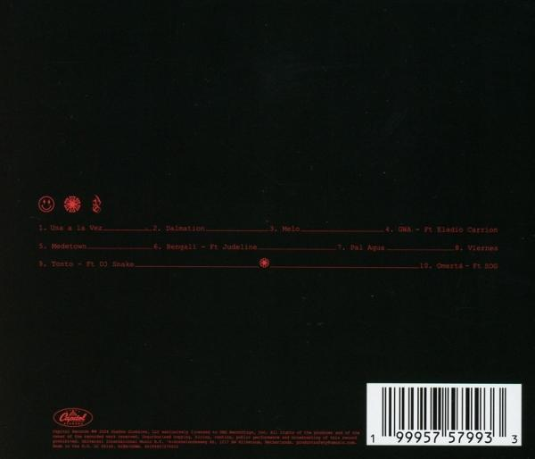 Schwarzer Hintergrund mit roten Songtiteln und einem Barcode.