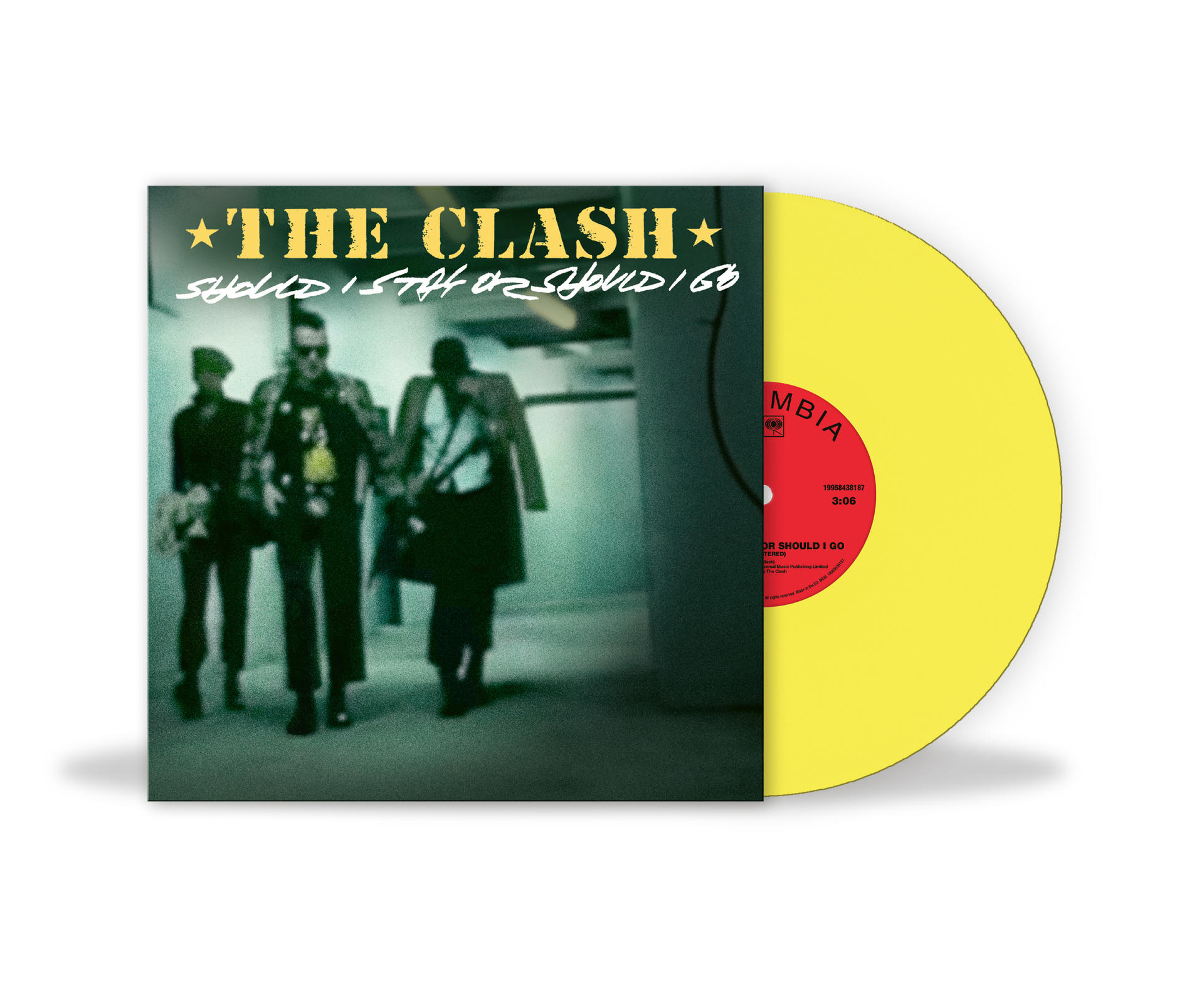 The Clash Albumcover mit gelber Vinylplatte. Fokus auf Bandmitglieder.