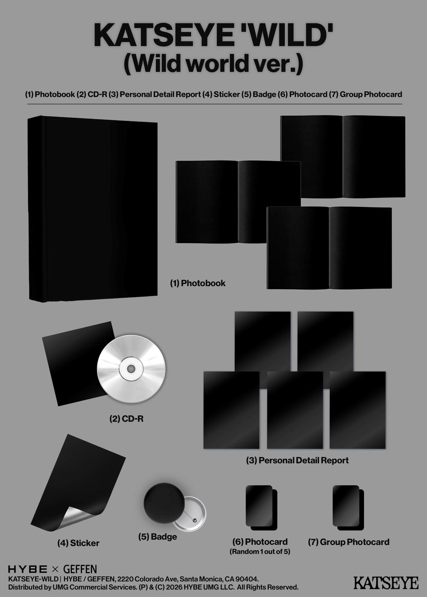 Ein schwarzes Fotobuch, CD, Aufkleber, Abzeichen und Fotokarten auf grauem Hintergrund.