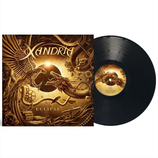 Schwarze Vinyl-Schallplatte mit "Xandria Eclipse" Cover: Adler gegen Drachen-Symbolik.