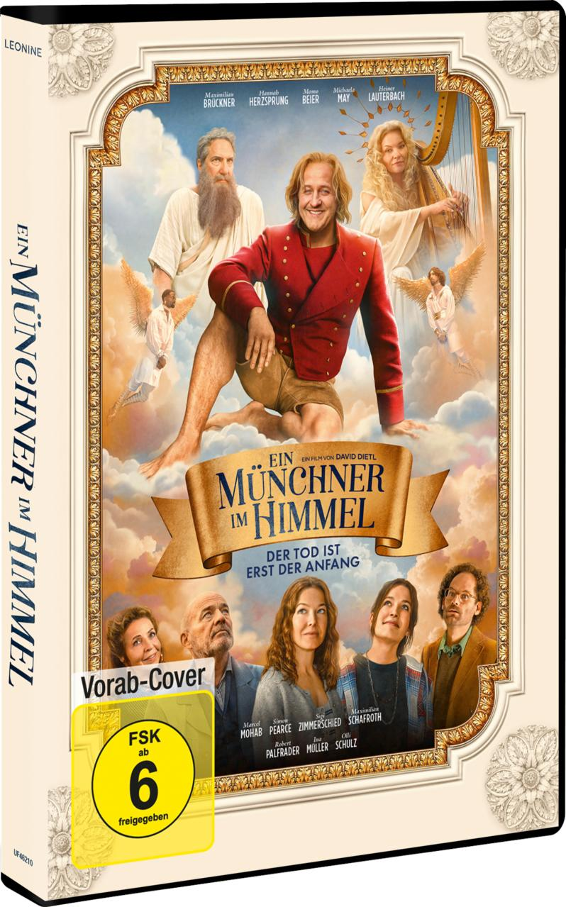 Filmplakat mit Schauspielern, Engeln und Harfe im Himmel. Ein Mann in rotem Jackett sitzt im Vordergrund.