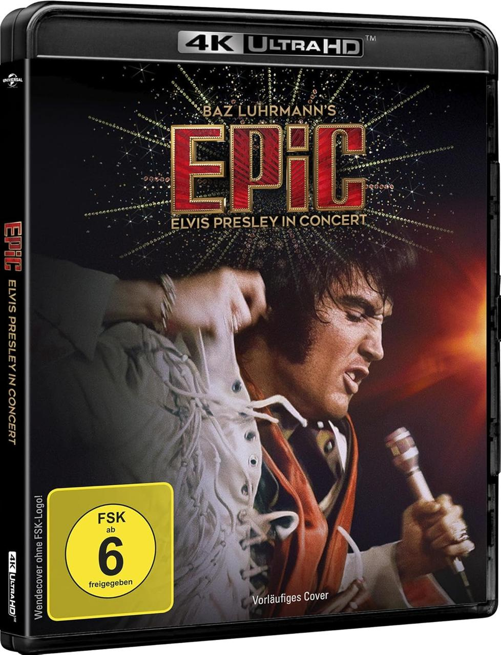 Elvis Presley im Konzert auf 4K Ultra HD Blu-ray Hülle mit FSK 6 Logo.
