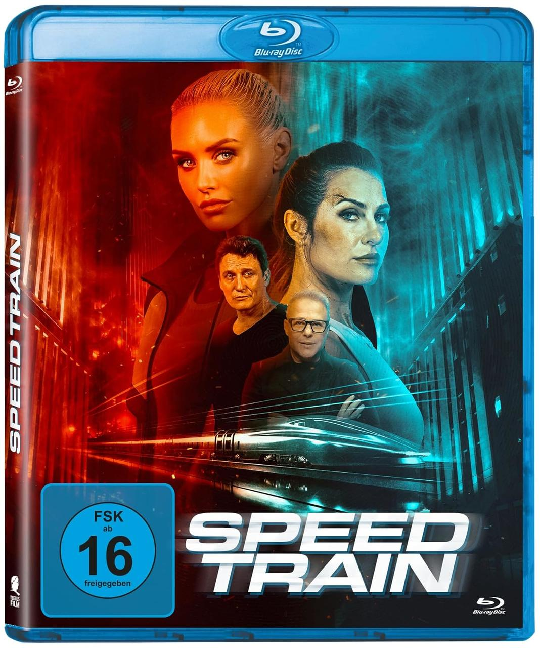Blu-ray Cover: Vier Personen und ein Zug, mit "Speed Train" Titel.