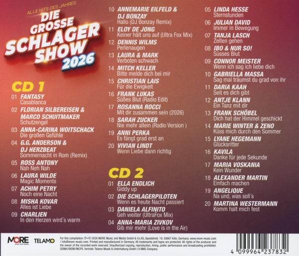 Cover der 'Die Große Schlager Show 2026' CD mit zwei Tracklisten und Titeln.