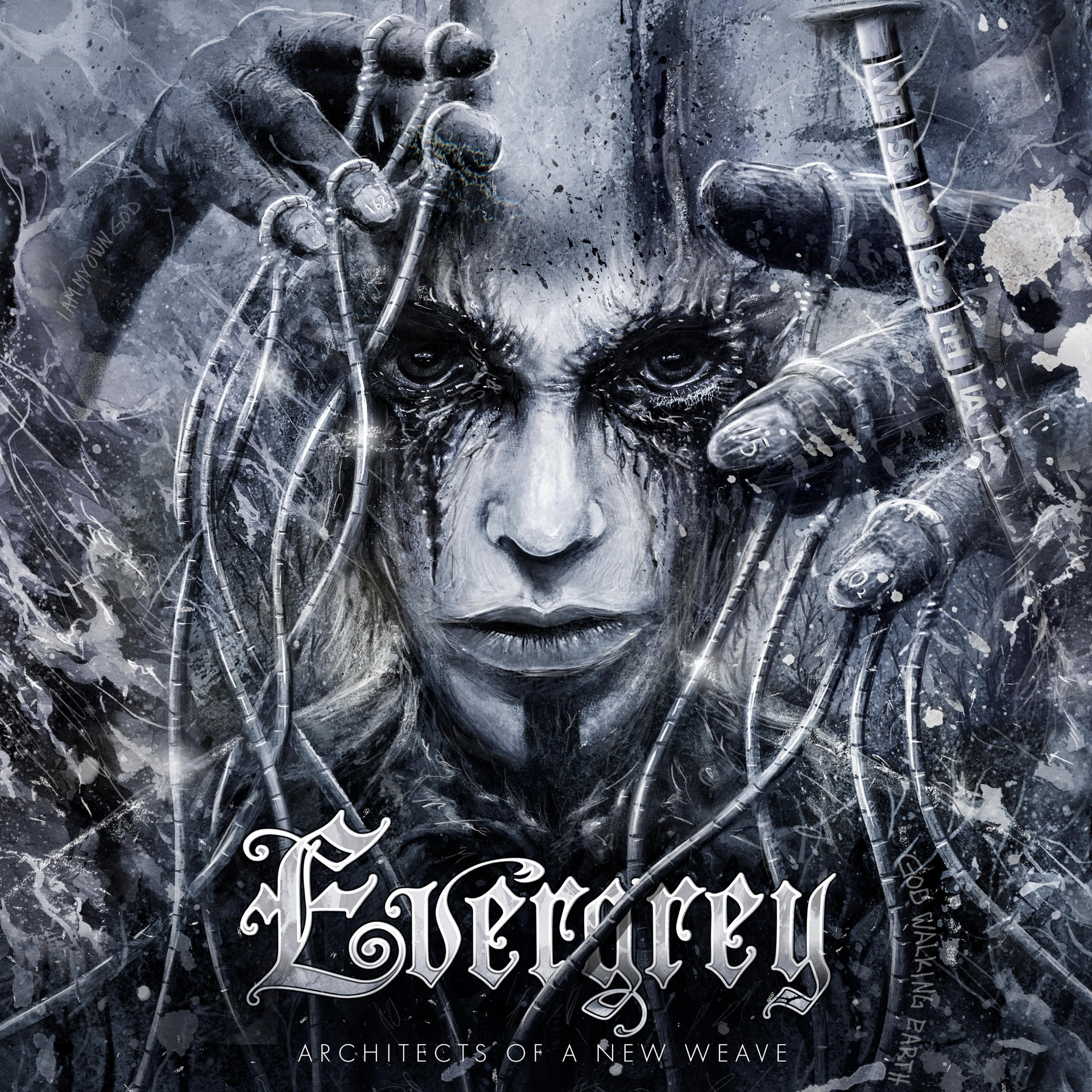 Dunkles Cover mit Gesicht, Händen und Drähten. Text: Evergrey.
