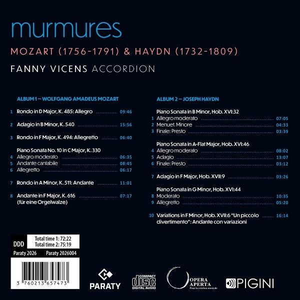 Cover mit Titel 'murmures', Komponisten Mozart & Haydn, Akkordeonistin Fanny Vicens, Trackliste.