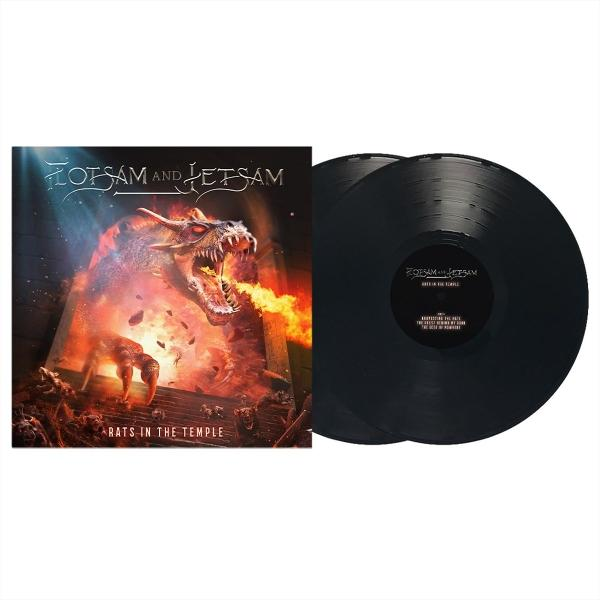 Flotsam and Jetsam "Rats in the Temple" Albumcover mit einem feuerspeienden Drachen neben Schallplatten.