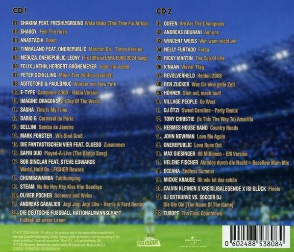 Album-Cover mit Tracklisten für CD 1 und CD 2, mit Fußballern im Hintergrund.