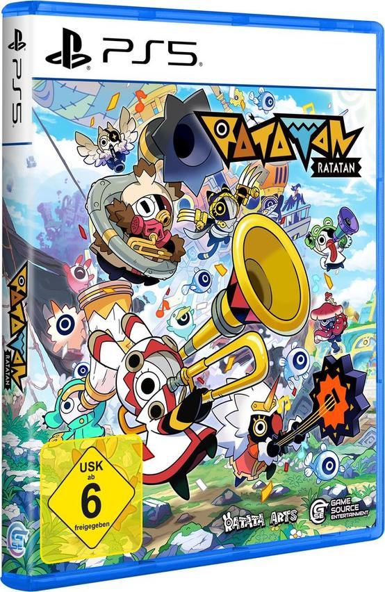 Bunte Spielhülle mit Cartoon-Figuren, Musikinstrumenten und dem Spieltitel.