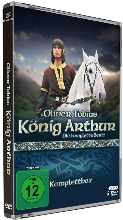 Oliver Tobias reitet auf einem weißen Pferd. DVD-Cover für König Arthur.