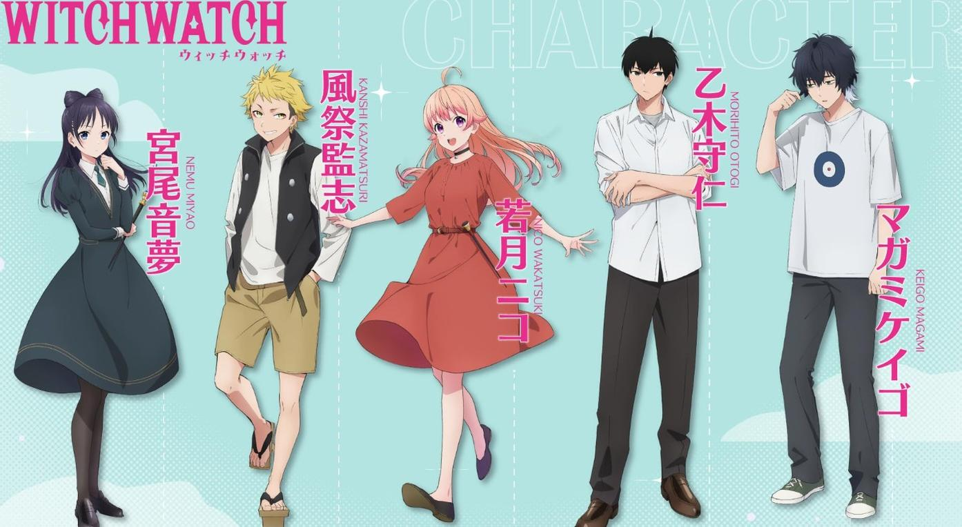Fünf Anime-Charaktere stehen nebeneinander auf blauem Hintergrund.