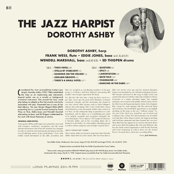 Ein Albumcover mit dem Titel 'The Jazz Harpist' von Dorothy Ashby, mit einem Foto von ihr und einer Trackliste.