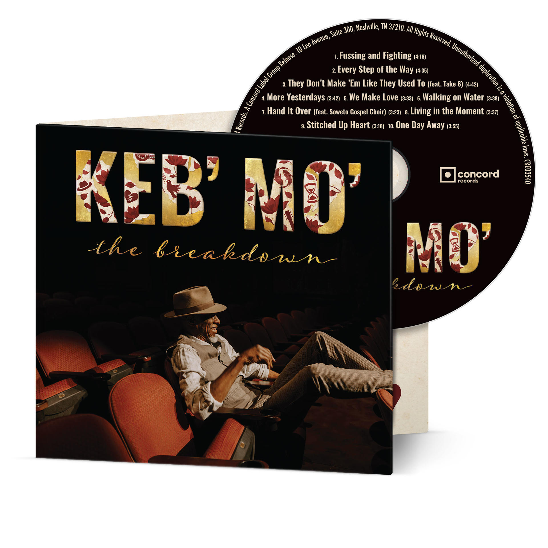 Keb' Mo' Albumcover mit Mann in Hut, der in einem Theatersitz sitzt, und einer CD.