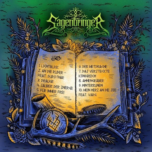 Ein aufgeschlagenes Buch mit Songtiteln, umrahmt von Zweigen und Geweih.