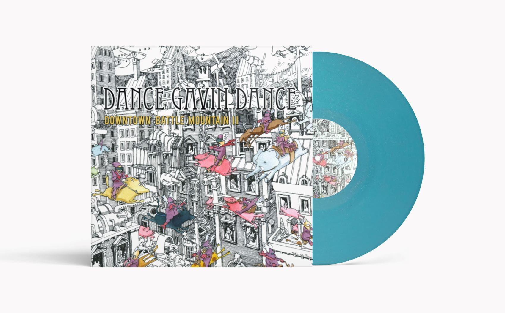 Ein blaues Vinyl-Albumcover mit detaillierter Schwarz-Weiß-Zeichnung einer Stadt voller kleiner Figuren.