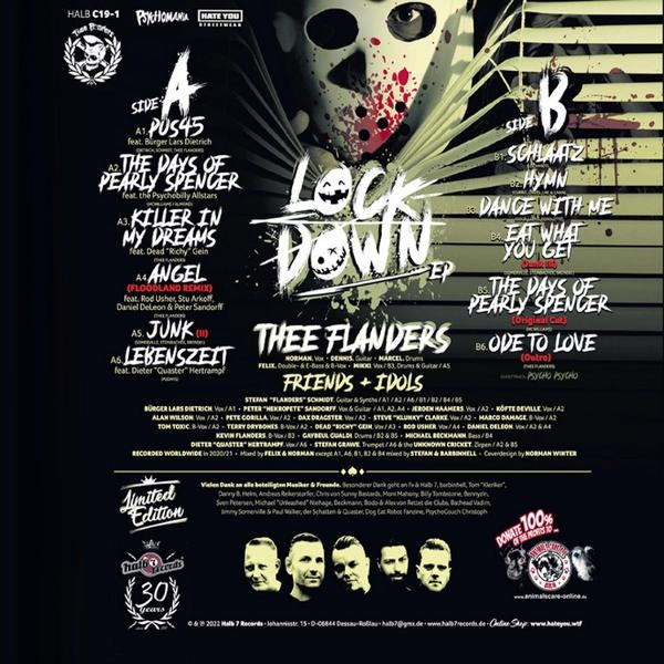 Cover des Albums Lock Down von Thee Flanders mit Jason-Maske und Trackliste.