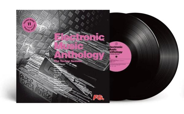 Zwei schwarze Vinyl-Schallplatten mit "Electronic Music Anthology" Cover.