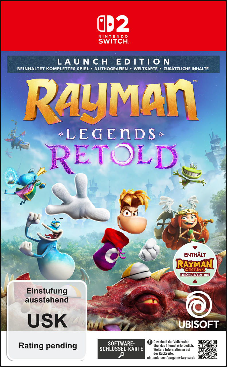 Rayman Legends Retold Switch Spielcover mit Charakteren und einem roten Drachen.