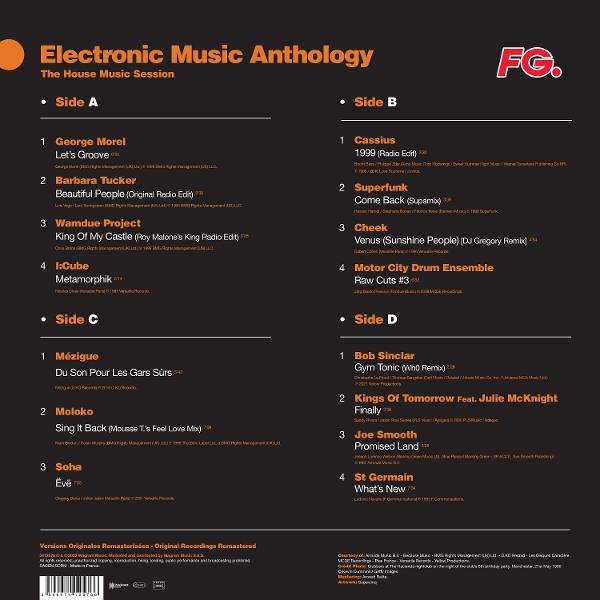 Cover der Electronic Music Anthology, mit Titellisten für Seite A, B, C und D.