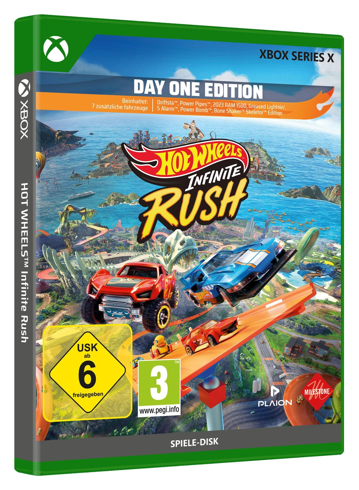 Hot Wheels Infinite Rush Spielverpackung für Xbox Series X mit Rennwagen und Dino-Thema.