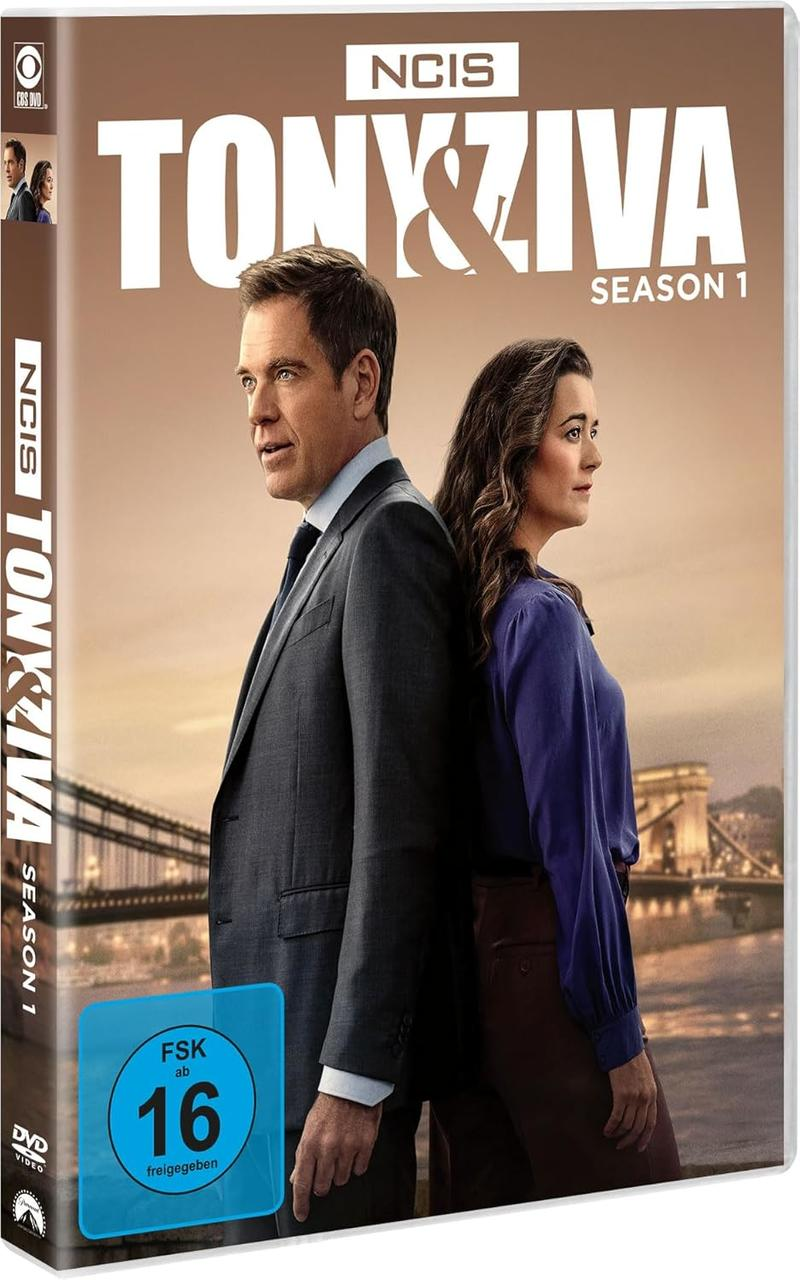 DVD-Cover: NCIS Tony & Ziva Staffel 1 mit Schauspielern, Brücke im Hintergrund.
