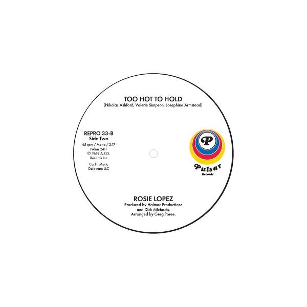 Schallplattenlabel für „Too Hot to Hold“ von Rosie Lopez. Zeigt Pulsar Records Logo.