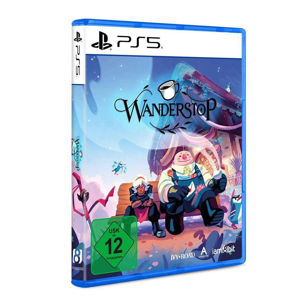 PlayStation 5 Spiel "Wanderstop". Zeigt Charaktere und das Logo.
