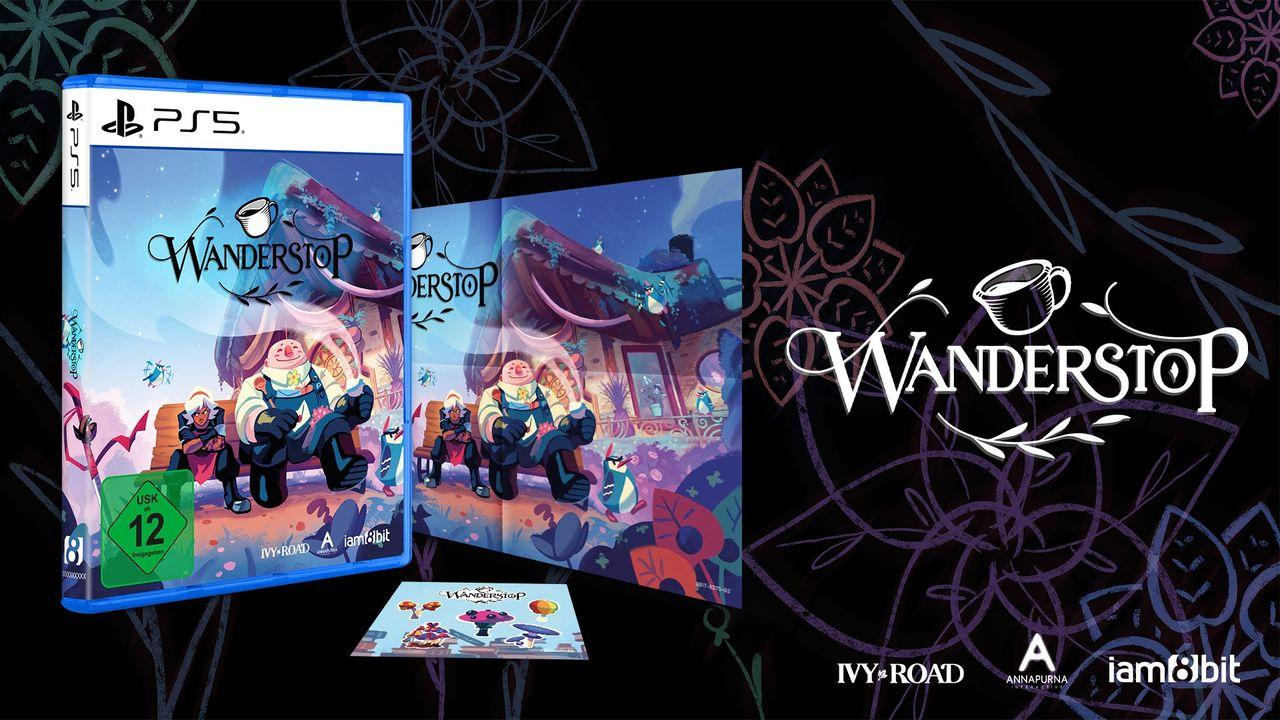 PlayStation 5-Spielcover für Wanderstop. Zeigt Charaktere und eine gemütliche Szene.