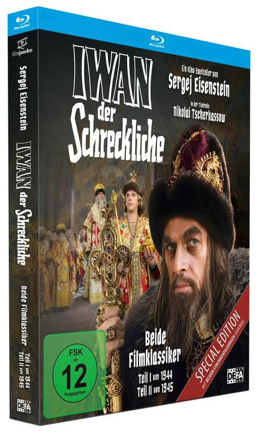 Blu-ray-Cover: Iwan der Schreckliche, Teil 1 & 2. Mann mit Pelzmütze, Gewändern, Zepter.
