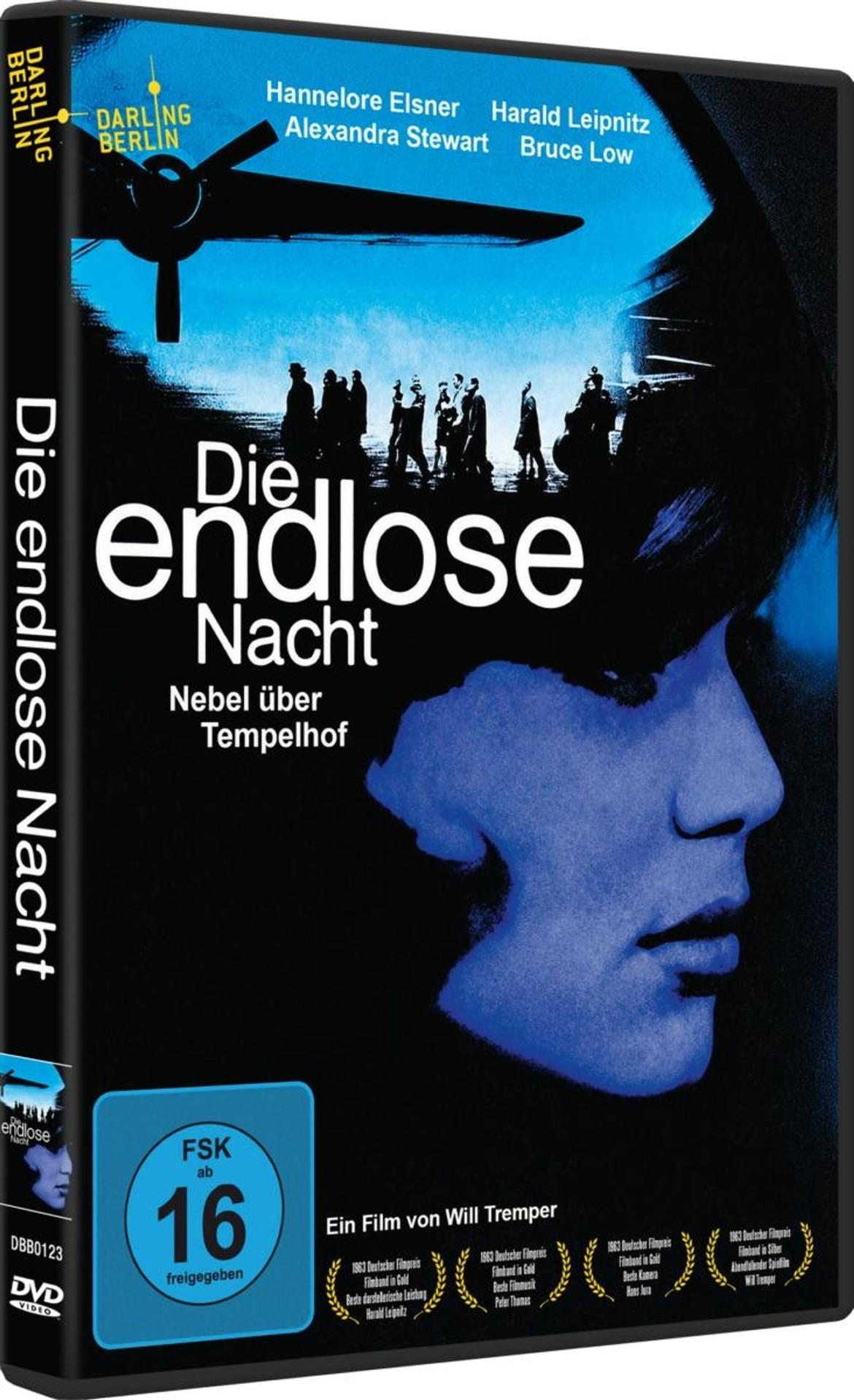 Filmplakat für "Die endlose Nacht" mit Silhouetten vor blauem Himmel.