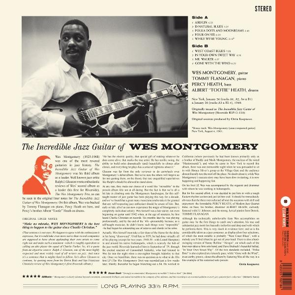 Ein Mann spielt Gitarre, daneben ist Text über das Album "The Incredible Jazz Guitar of Wes Montgomery".