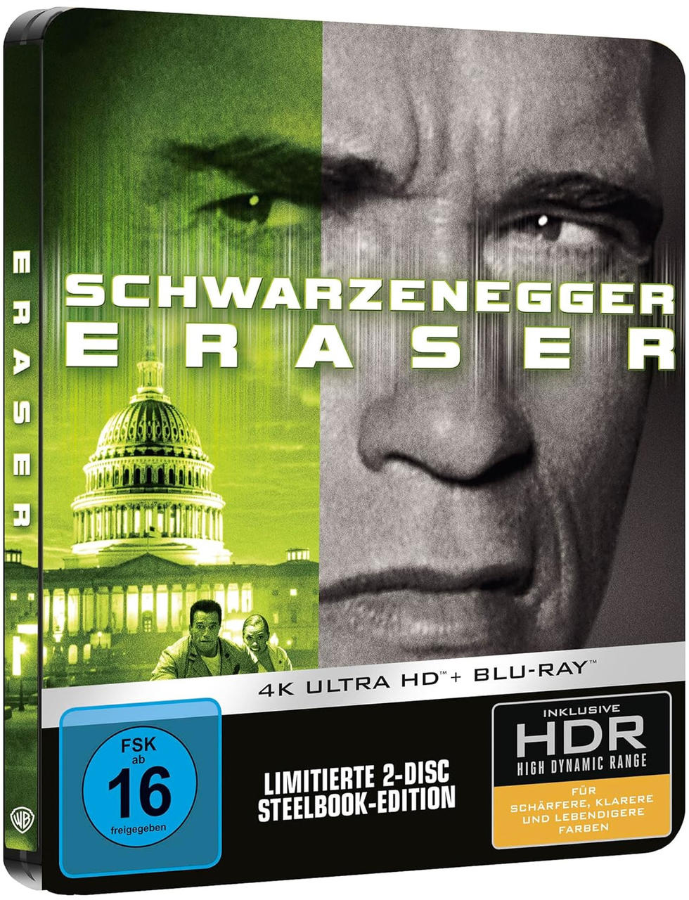 Arnold Schwarzenegger im Film Eraser, 4K Ultra HD + Blu-ray Steelbook Edition.