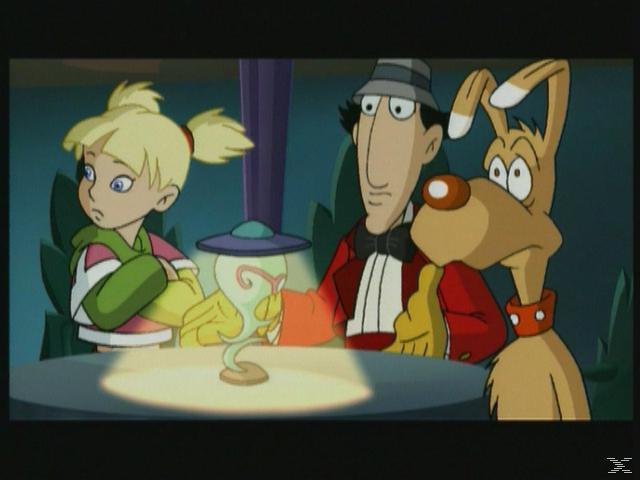 Penny, Inspector Gadget und Brain sitzen an einem Tisch mit einer seltsamen Lampe.