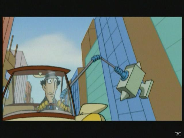 Inspector Gadget fährt Auto, ein mechanischer Arm ragt aus dem Gebäude.