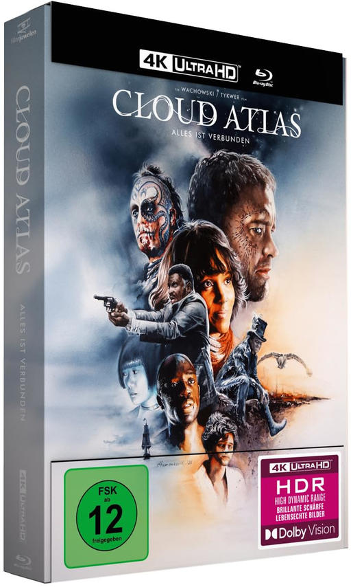 Das Cover von Cloud Atlas zeigt mehrere Charaktere mit dramatischem Make-up und Kleidung.