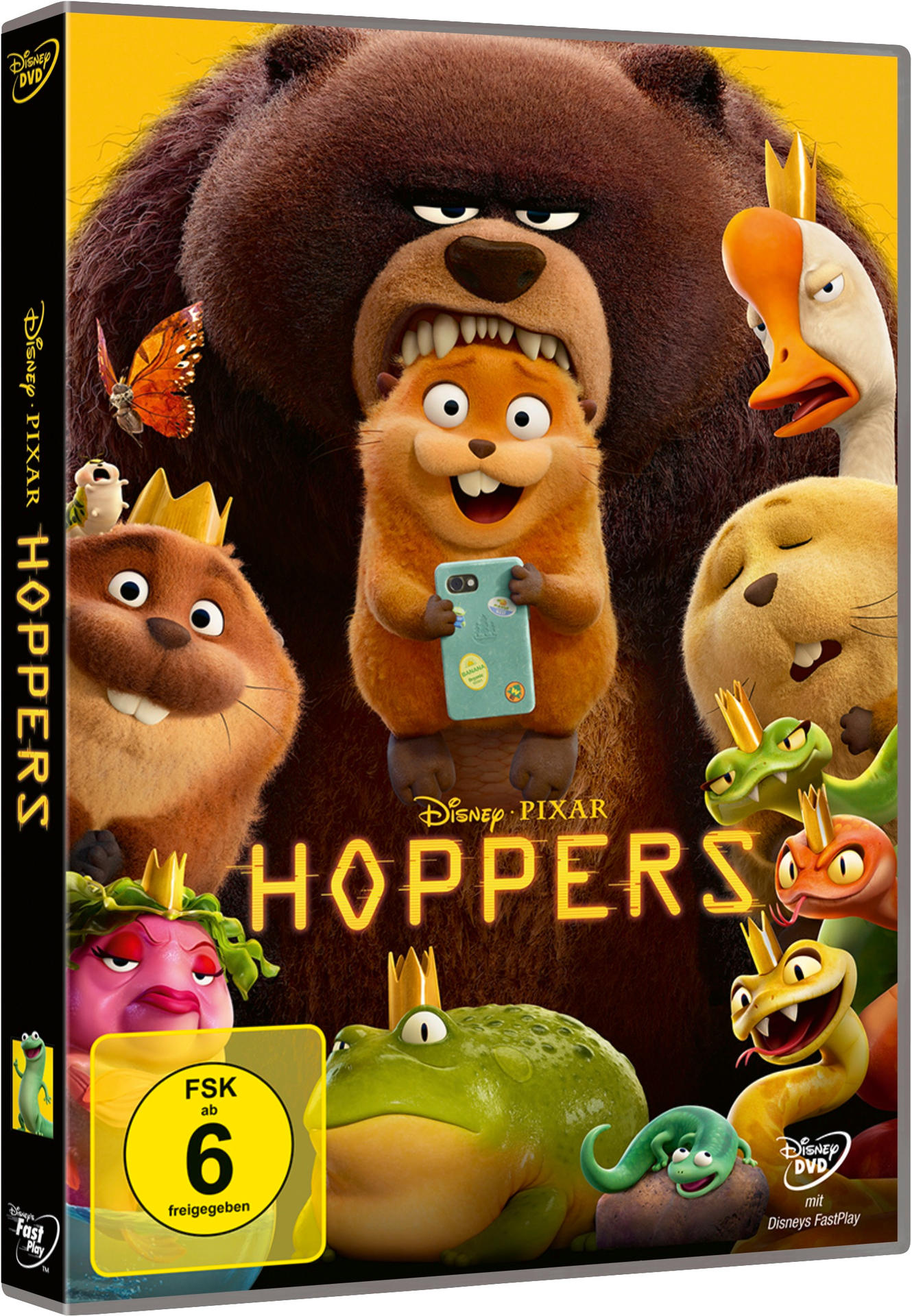 Die Hoppers DVD zeigt verschiedene Tiere mit Kronen auf gelbem Hintergrund.