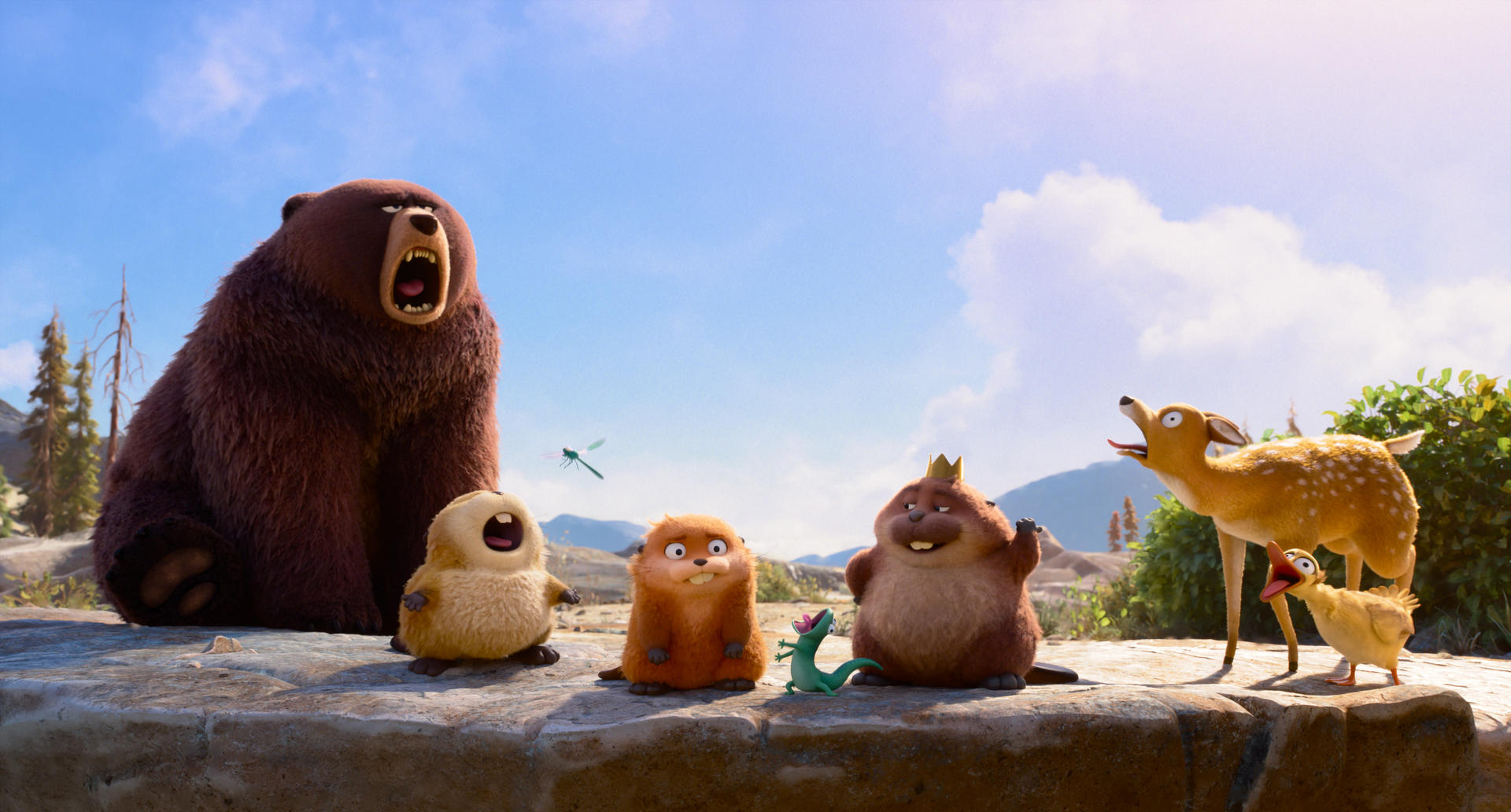 Bär, Biber, Hirschkuh, Küken und Libelle auf Felsen.