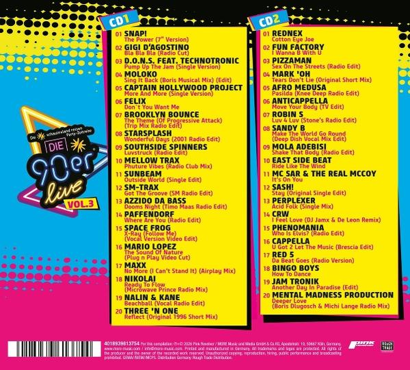 CD-Cover mit Titellisten für die 90er Live Vol. 3, mit CD1 und CD2.