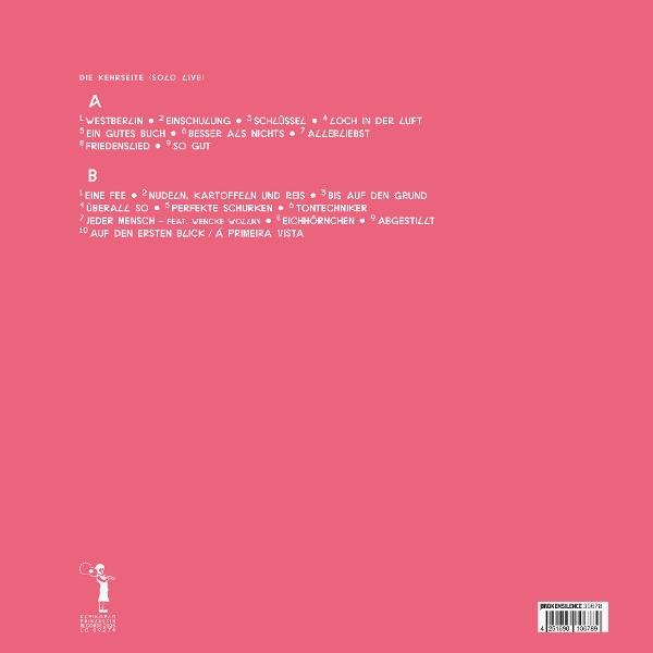 Rückseite eines Albums mit Songtiteln auf rosa Hintergrund.