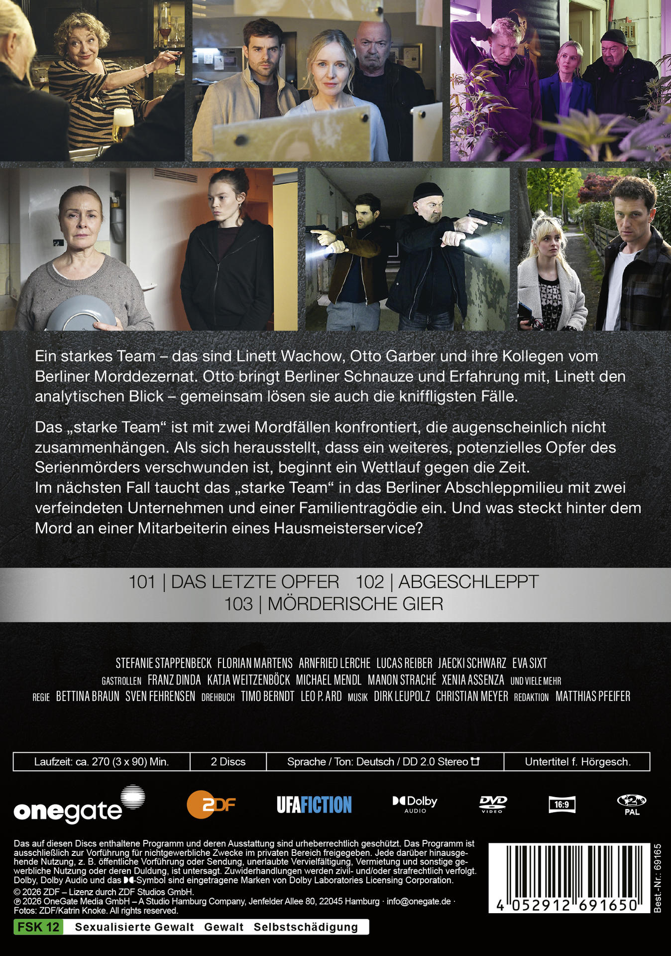 Filmplakat mit Collage aus Szenen: Ermittlerteam, Tatorte, Verdächtige.