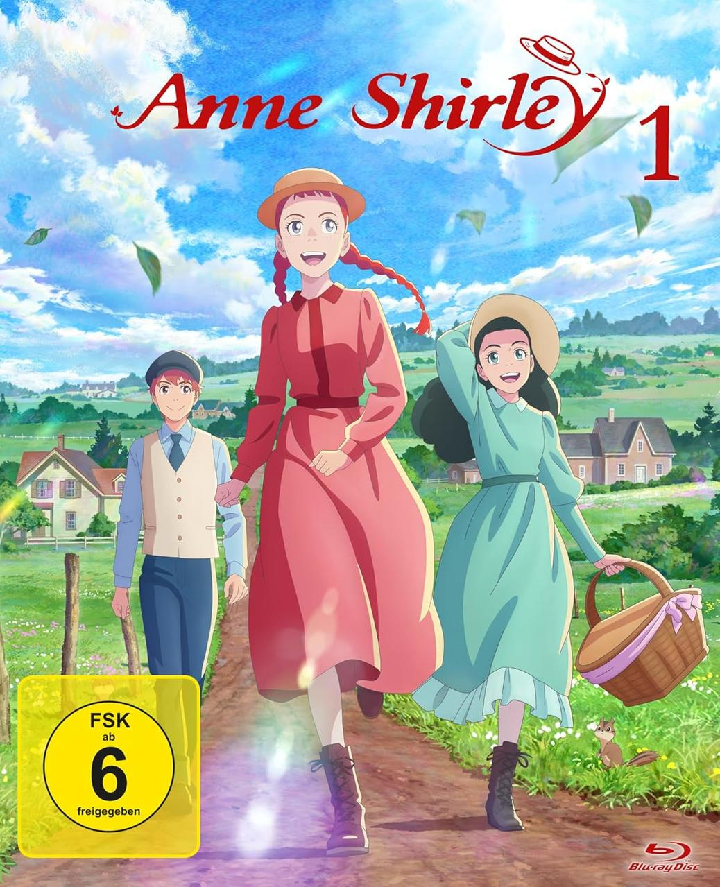 Drei Anime-Figuren laufen auf einem Feldweg. Im Vordergrund sind zwei Mädchen und ein Junge.