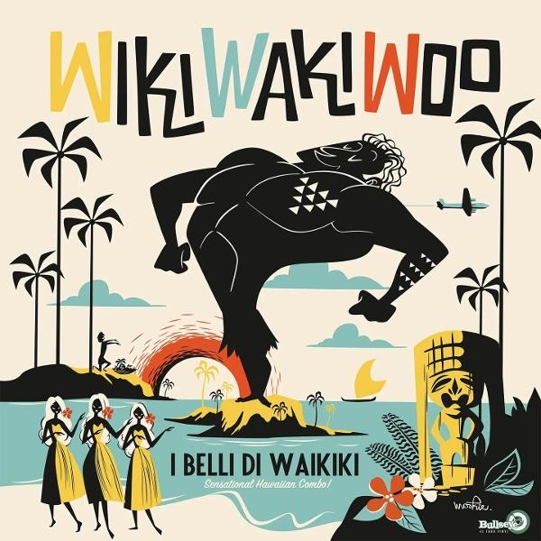 Karikatur einer hawaiianischen Szene mit riesigem Mann, Palmen, Booten, Tiki und Flugzeug.