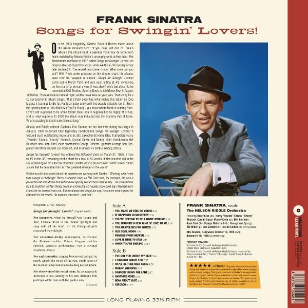 Frank Sinatra mit Hut und Anzug sitzt vor blauem Hintergrund. Album-Cover-Rückseite.