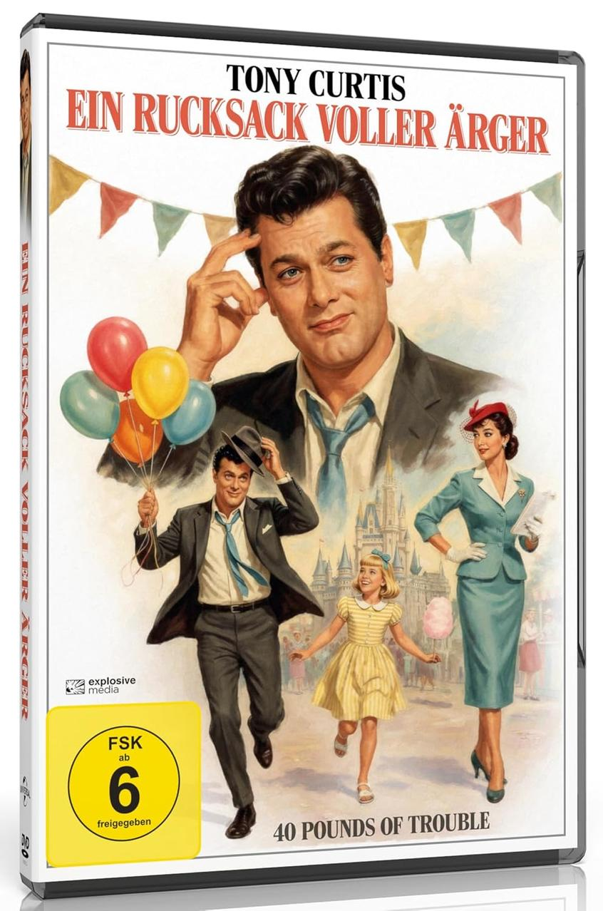 Tony Curtis hält Luftballons, ein Mädchen mit Zuckerwatte, eine Frau und ein Schloss.