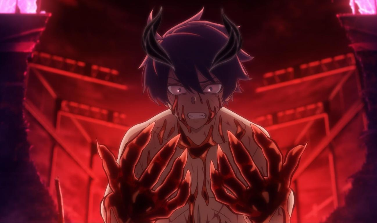 Ein Anime-Charakter mit Hörnern, dessen Hände und Gesicht mit roter Flüssigkeit bedeckt sind.