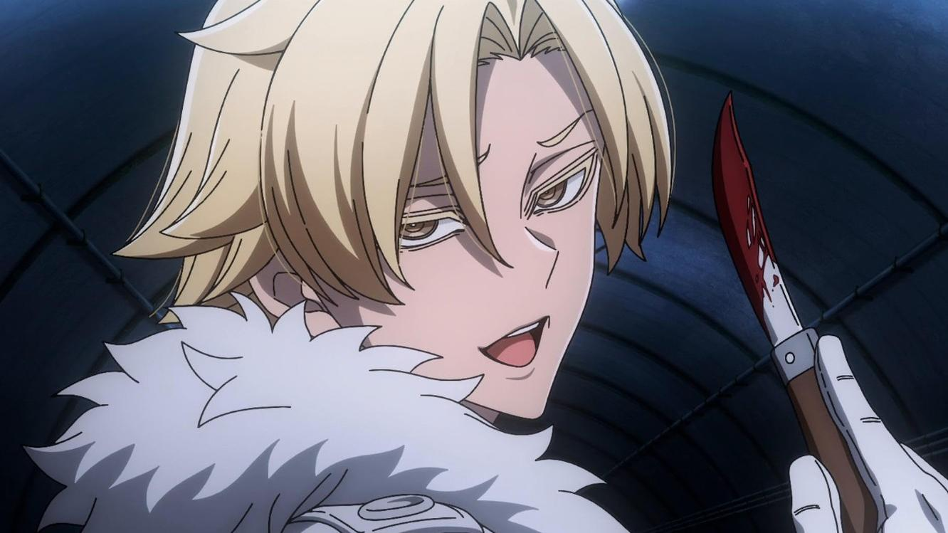Anime-Charakter mit blonden Haaren, trägt weißen Pelz, hält blutiges Messer.