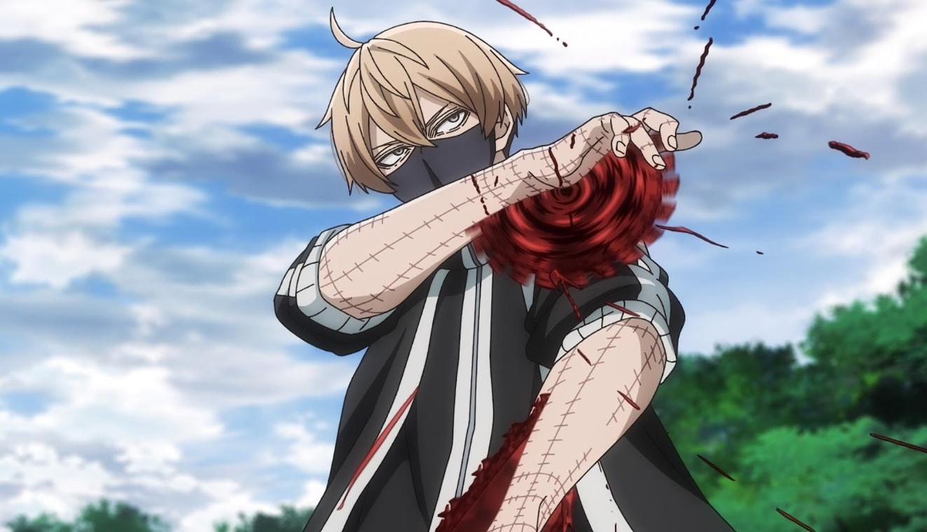 Ein Anime-Charakter mit blonden Haaren und Maske hält seinen verletzten Arm, aus dem Blut tropft.