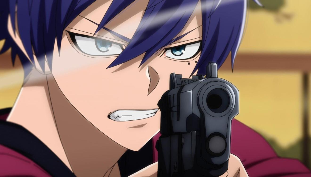 Anime-Figur mit lila Haaren zielt mit einer Pistole, wütender Ausdruck.