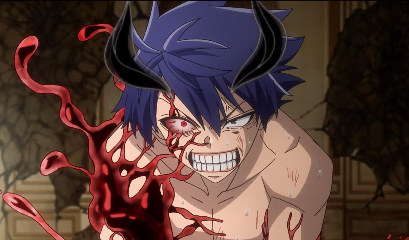 Ein Anime-Charakter mit blauen Haaren und Hörnern, der vor einer blutigen Masse grunzt.